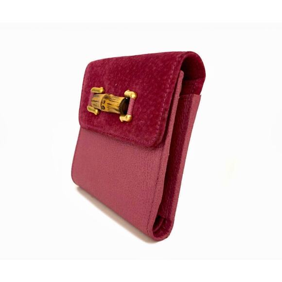 Authentic GUCCI Bamboo Two Tone Pink Kiss Lock Leather Trifold Compact Wallet - Picture 4 of 8